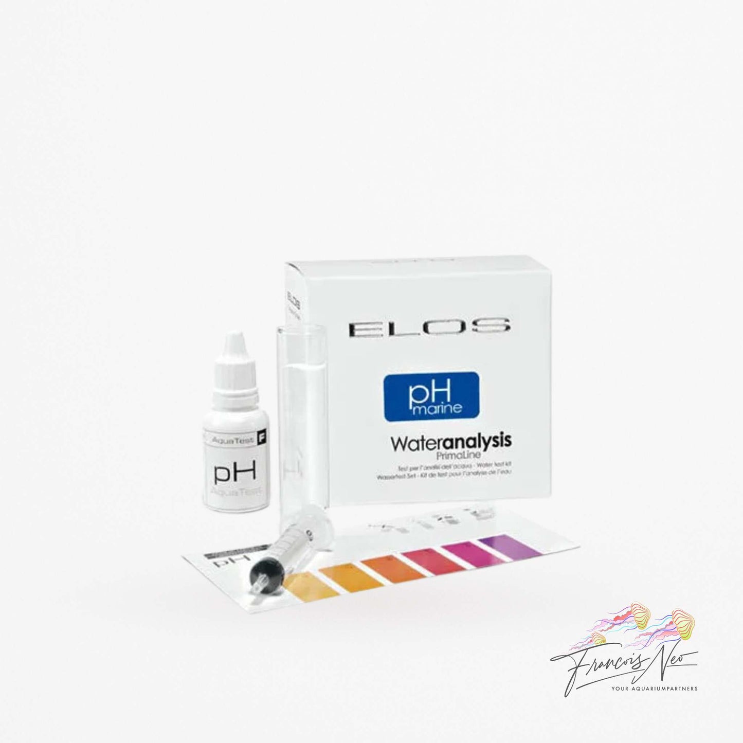 ELOS pH water analysis kit with bottle, pH test strip, and color chart on a white background