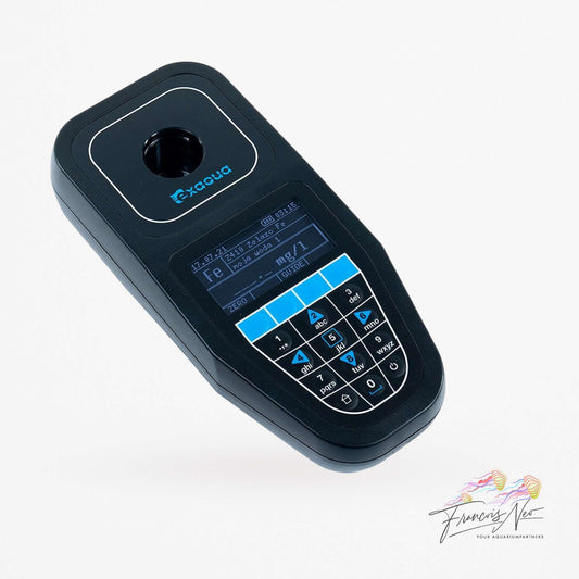 Black electronic device with digital display and keypad on a white background
